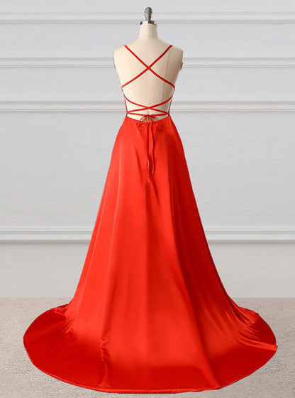 A-Line Satin Prom Dress Backless Evening Dress With Slit