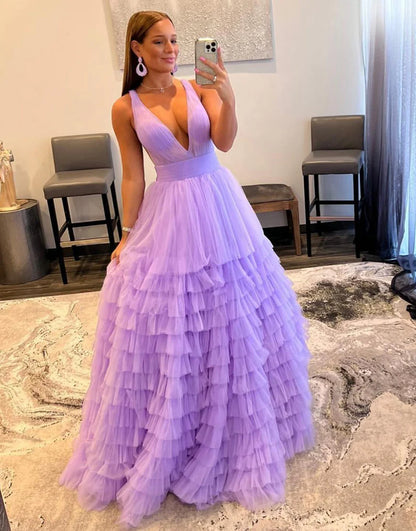 A-line Tulle Long Tiered V-Neck Prom Dress