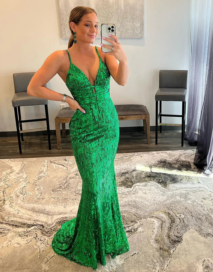 Sequins/Sparkling V-Neck Mermaid Backless Prom Dress
