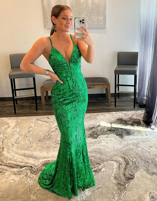 Sequins/Sparkling V-Neck Mermaid Backless Prom Dress