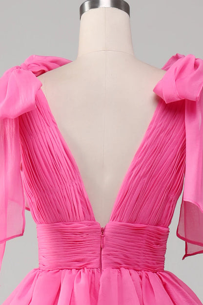 A-Line Princess V-Neck Fuchsia Prom Dress With Slit Court Train Dresses