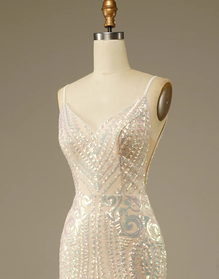Glitter Mermaid Champagne V Neck Prom Dress Court Train Dresses