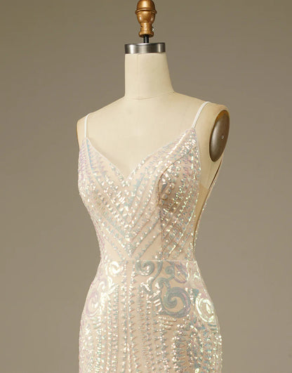 Glitter Mermaid Champagne V Neck Prom Dress Court Train Dresses