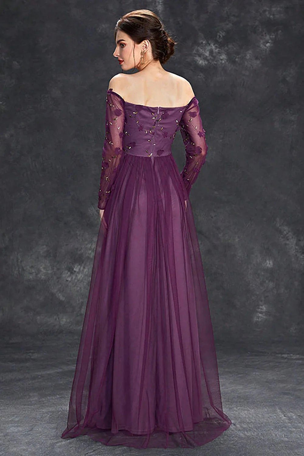 Dark Purple Tulle Off The Shoulder Formal Wedding Guest Dresses with Sleeves