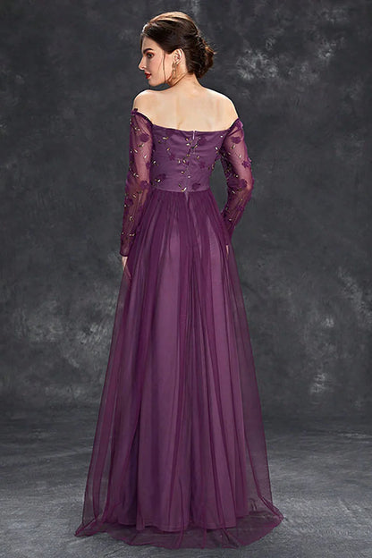 Dark Purple Tulle Off The Shoulder Formal Wedding Guest Dresses with Sleeves