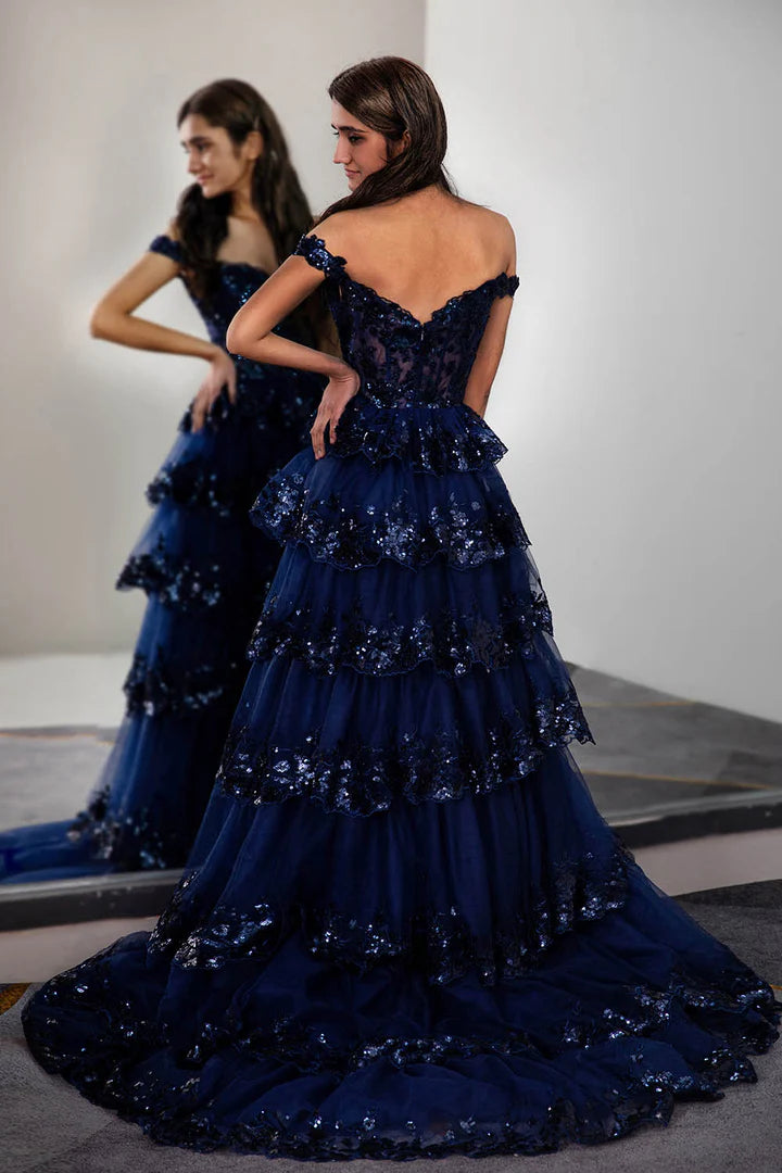A-Line Princess Ruffle Tiered Long/Floor-length Off Shoulder Prom Dress with Sequin