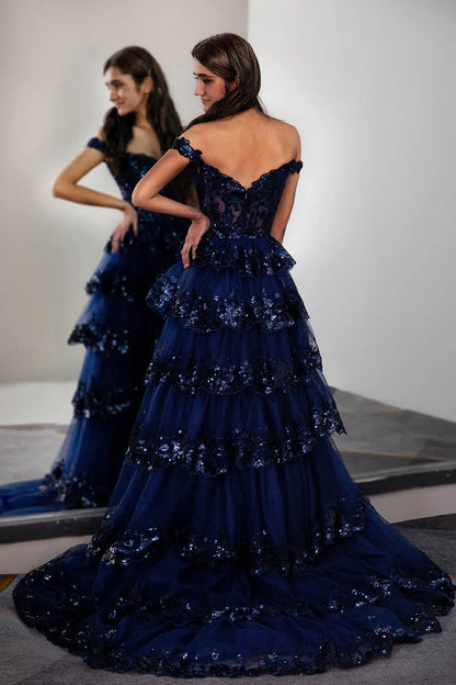 A-Line Princess Ruffle Tiered Long/Floor-length Off Shoulder Prom Dress with Sequin