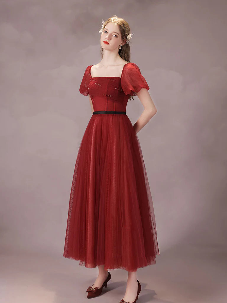 A-Line Burgundy Tulle Tea Length Prom Dress