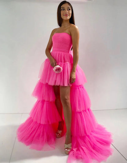 Hot Pink Tiered Long Dress High Low Prom Dress&nbsp;