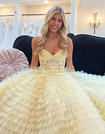 A-Line Sweetheart Ruffle Tiered Prom Dress Ball Gown With Appliques