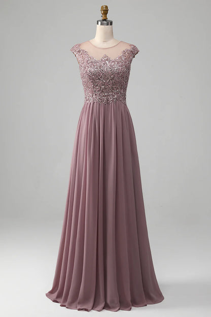 A-line Beaded Chiffon Round Neck Mother of the Bride Dress