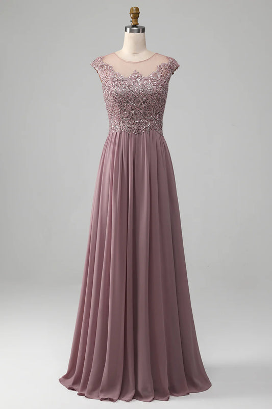 A-line Beaded Chiffon Round Neck Mother of the Bride Dress