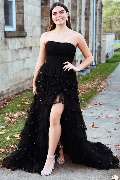 A-Line Princess Sequins/Sparkling Strapless Floor-length Ruffle Tiered Prom Dress