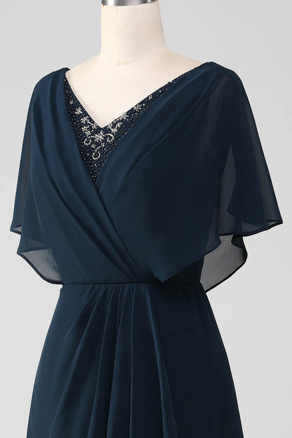 A-Line V-Neck Asymmetrical Sequins Mother of the Bride Dress With Beading