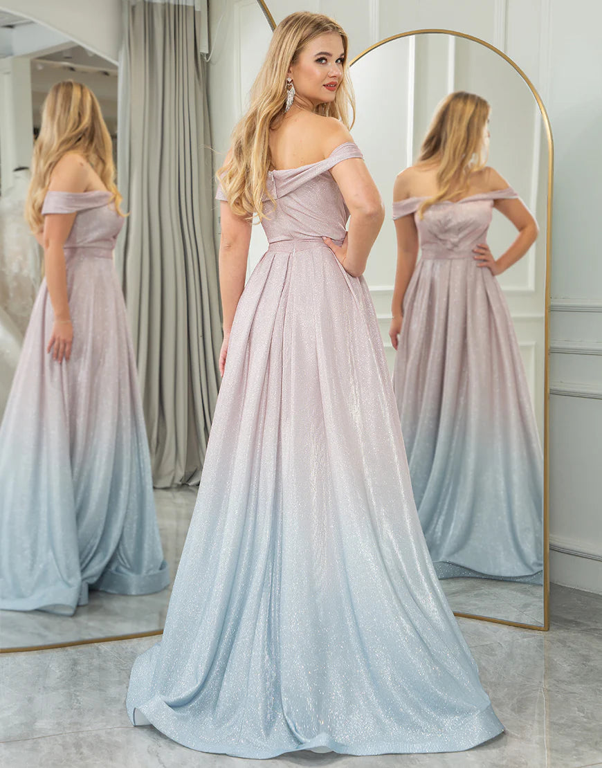 A Line Glitter Princess Off the Shoulder Long Prom Dress