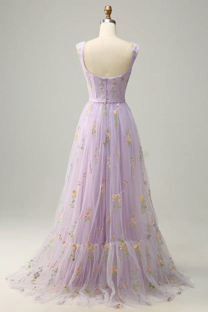 Purple A-Line Princess Floor-length Prom Dress With Embroidery