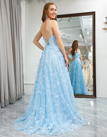 A Line Spaghetti Straps Beaded Prom Dress 3D Butterfly With Slit