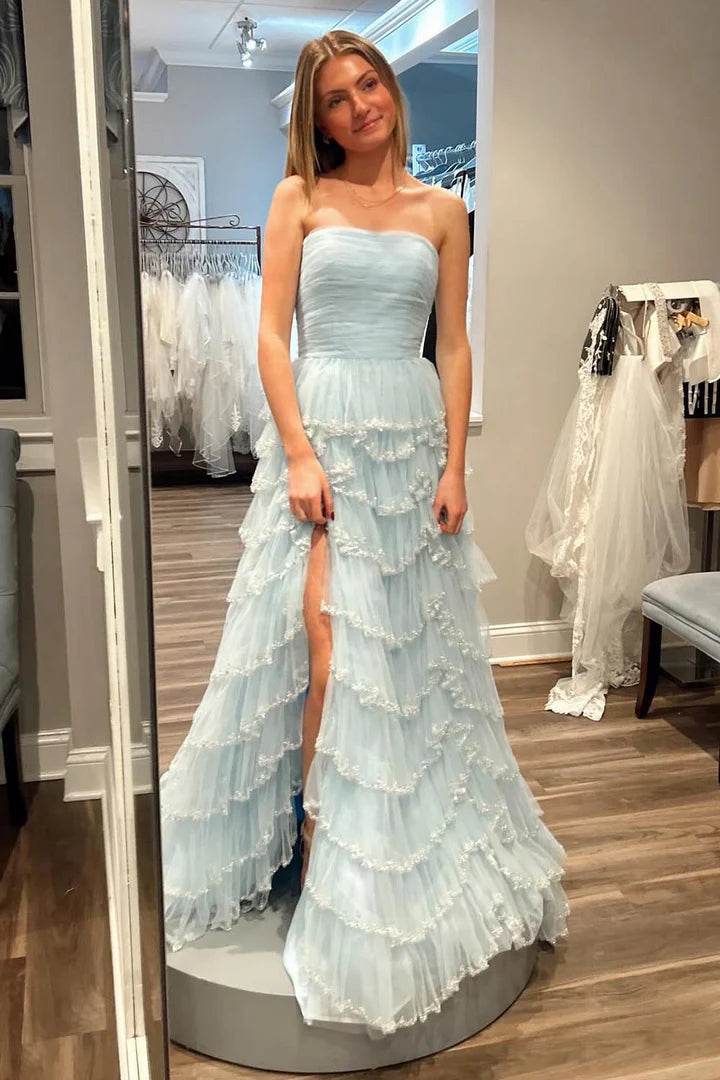 A-Line Princess Sequins/Sparkling Strapless Floor-length Ruffle Tiered Prom Dress