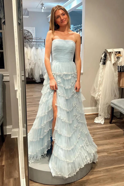 A-Line Princess Sequins/Sparkling Strapless Floor-length Ruffle Tiered Prom Dress