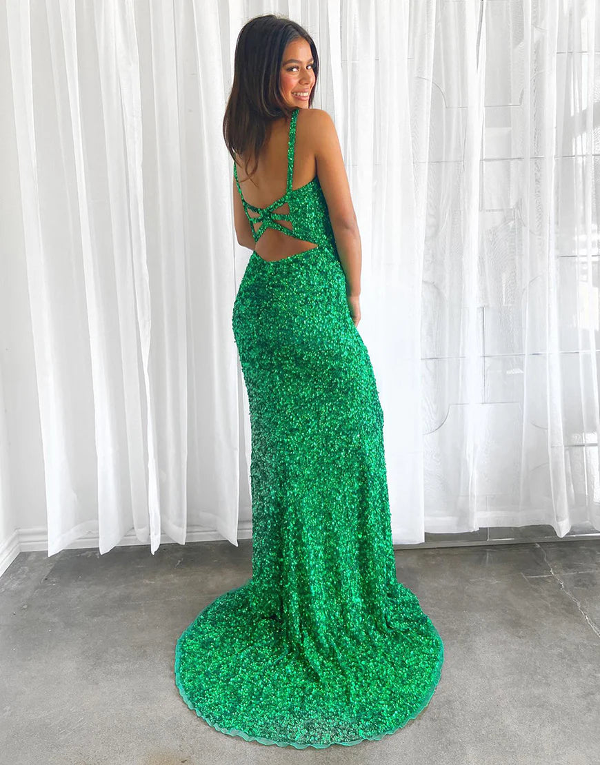 Sequin Green V-Neck Prom Dress with Split