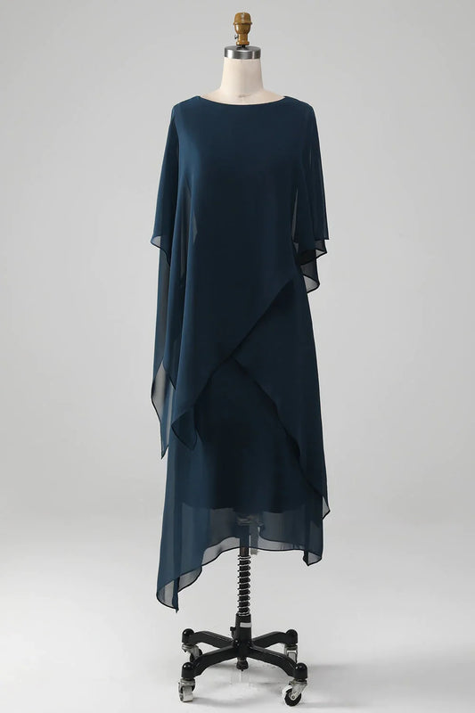A-line Navy Chiffon Scoop Neckline Mother of the Bride Dress