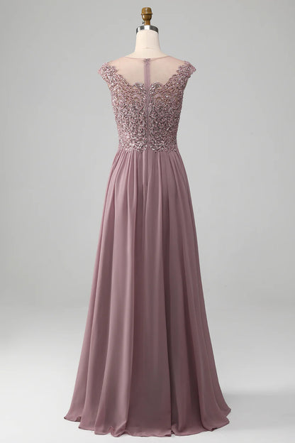 A-line Beaded Chiffon Round Neck Mother of the Bride Dress