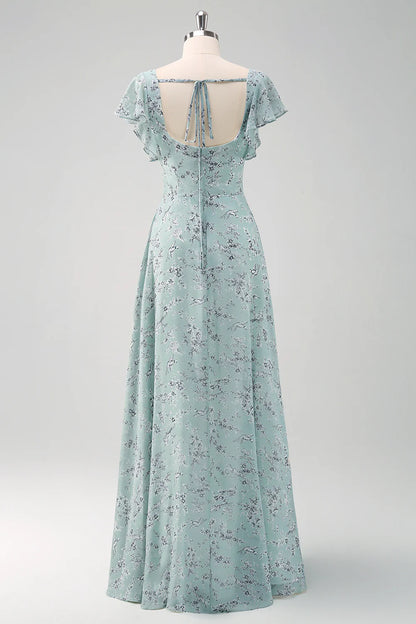 Dusty Sage A-Line Square Neck Floor Length Print Bridesmaid Dress with Slit