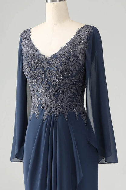 Glitter Mermaid V Neck Beaded Mother of Bride Dress with Appliques