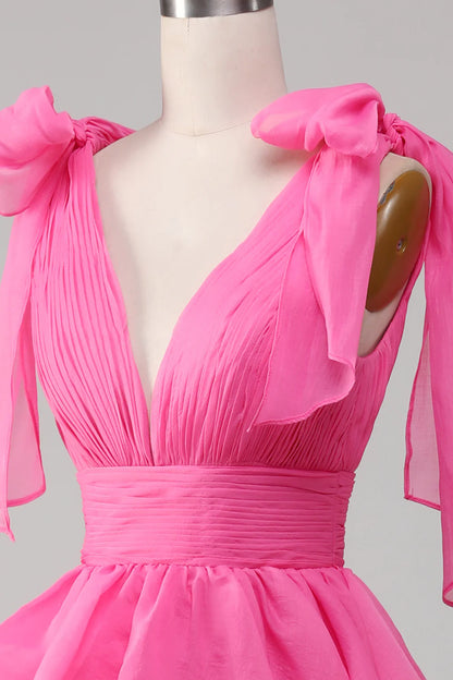 A-Line Princess V-Neck Fuchsia Prom Dress With Slit Court Train Dresses