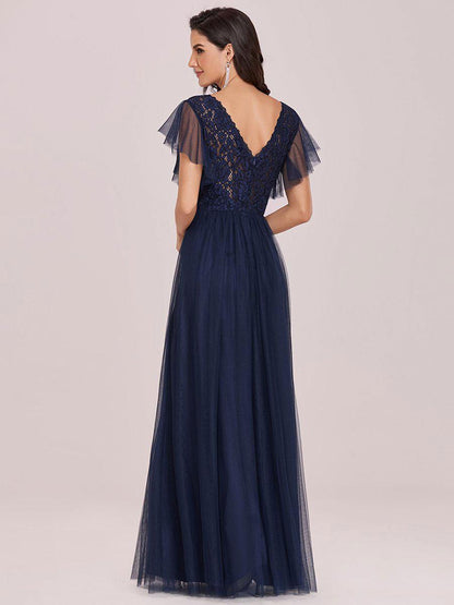 A-Line V-Neck Tulle Short Sleeves Backless Floor-Length Dresses Evening Dresses