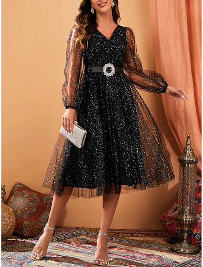 Party Dress Cocktail Dress Mesh Mesh Patchwork V Neck Long Sleeve Midi Dress
