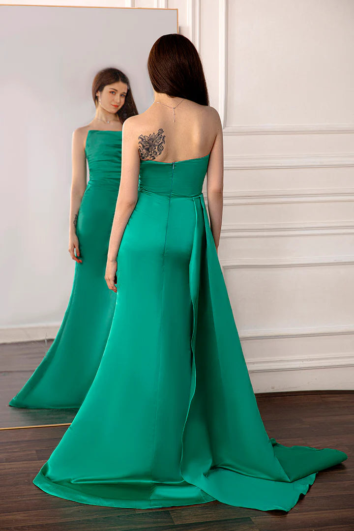 Green Strapless Ruched Satin Prom Dress Sweep/Brush Train Dresses