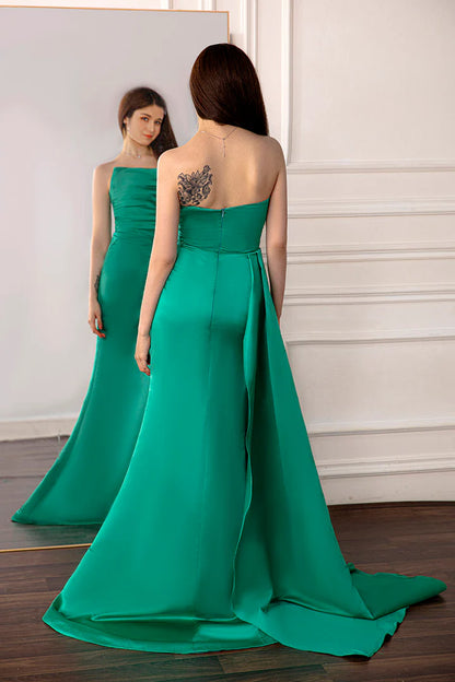 Green Strapless Ruched Satin Prom Dress Sweep/Brush Train Dresses
