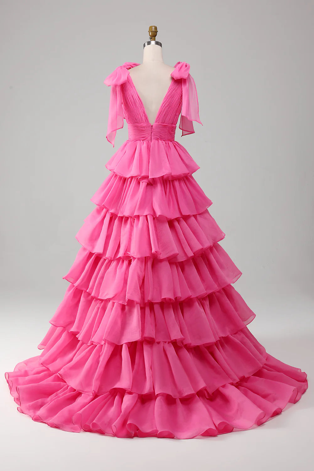 A-Line Princess V-Neck Fuchsia Prom Dress With Slit Court Train Dresses