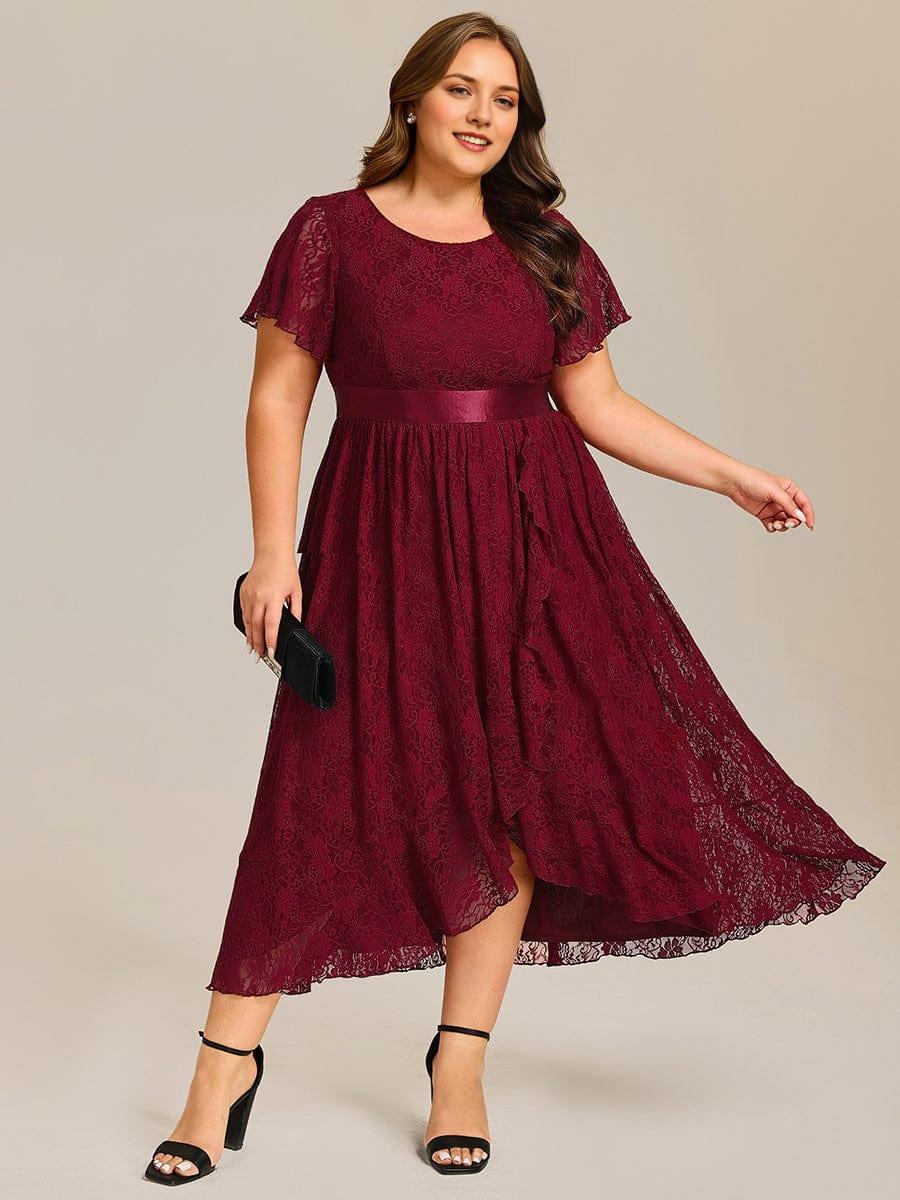 Plus Size Lace Flutter Sleeves Round Neckline Midi Formal Dress Plus Size Lace Flutter Sleeves Round Neckline Midi Formal Dress