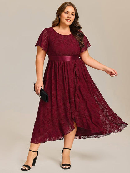 Plus Size Lace Flutter Sleeves Round Neckline Midi Formal Dress Plus Size Lace Flutter Sleeves Round Neckline Midi Formal Dress