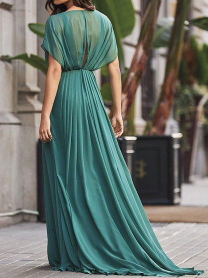 A-Line V-Neck Chiffon Split Front Formal Dresses Wedding Guest Dresses Evening Dresses