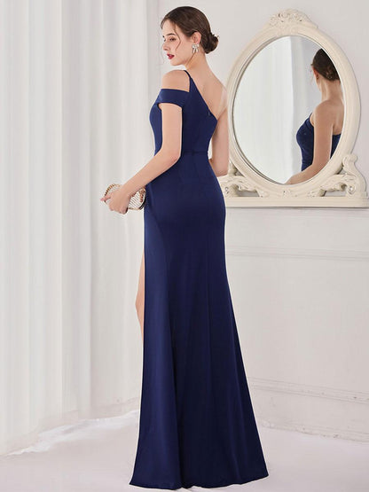 Evening Dress Sheath Designed Neckline Polyester Floor-Length Formal Party Dresses High Slit