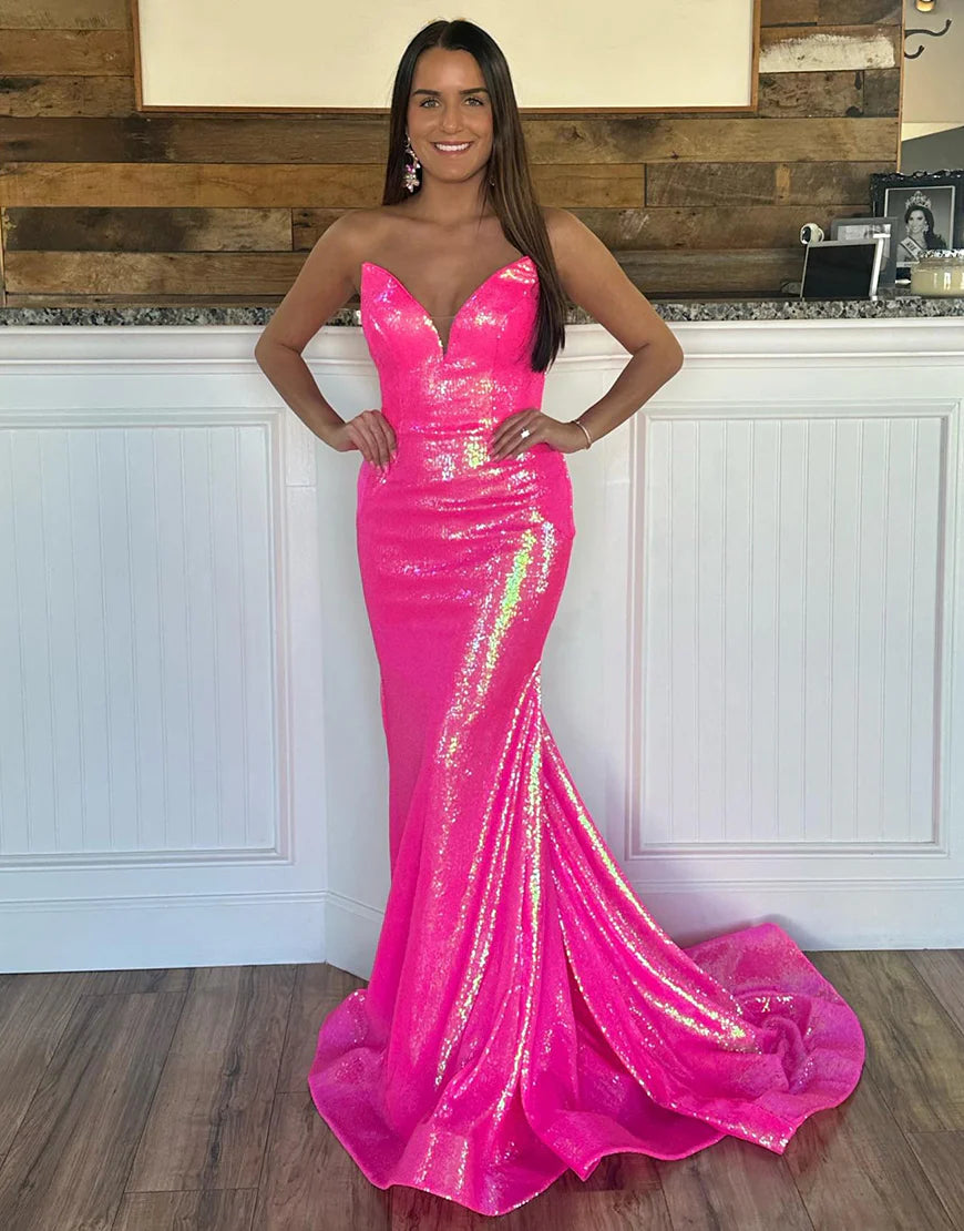 Sparkly Fuchsia Mermaid V-Neck Long Prom Dress