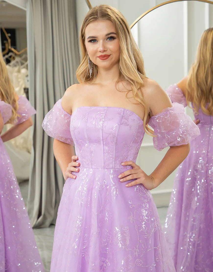 Sparkly Lilac Tulle A Line Off The Shoulder Long Prom Dress