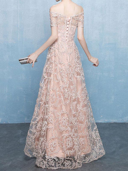 A-Line Bateau Neck Lace Floor-Length Formal Party Dresses Evening Dresses