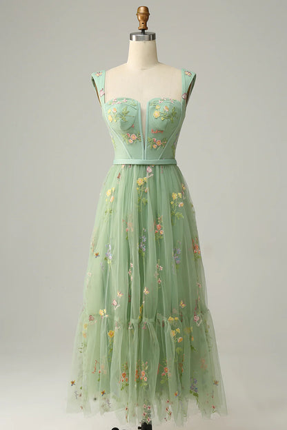 A Line Sweetheart Floor-length Tea length Prom Dress with Embroidery
