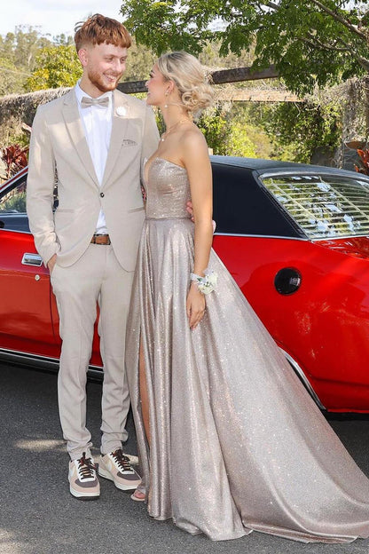 A-Line Strapless Silver High Slit Prom Dress With Lace Up Back