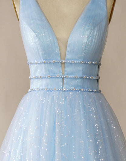 A-Line V-Neck Light Blue Tulle Long Prom Dress