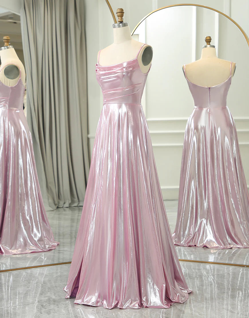 Sparkly Pink A Line Spaghetti Straps Long Prom Dress With Slit