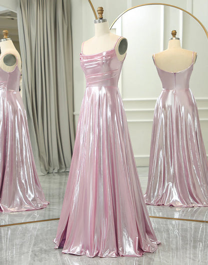 Sparkly Pink A Line Spaghetti Straps Long Prom Dress With Slit