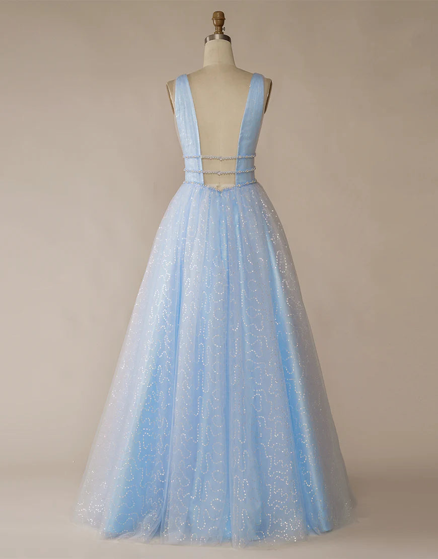 A-Line V-Neck Light Blue Tulle Long Prom Dress