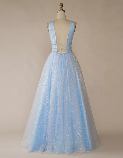 A-Line V-Neck Light Blue Tulle Long Prom Dress