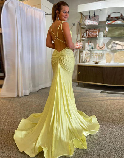 Lavender V-Neck Mermaid Open Back Backless Prom Dress