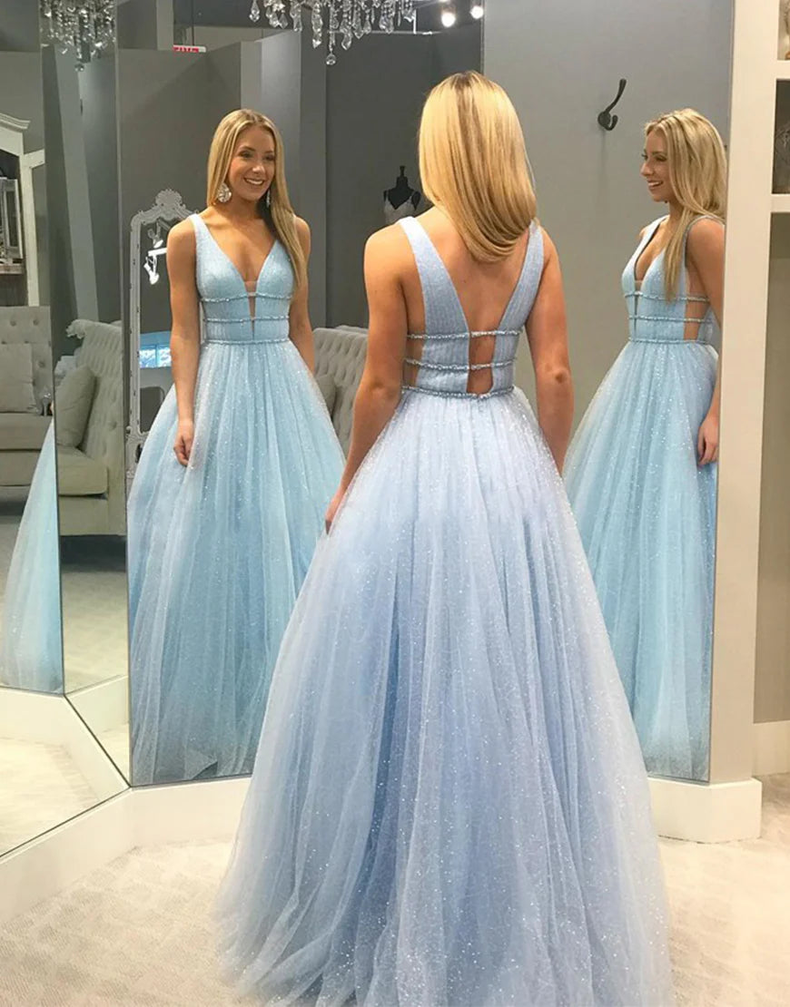 A-Line V-Neck Light Blue Tulle Long Prom Dress